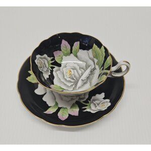 Cabbage Rose Black Hand Painted Teacup and Saucer American Beauty Occupied Japan